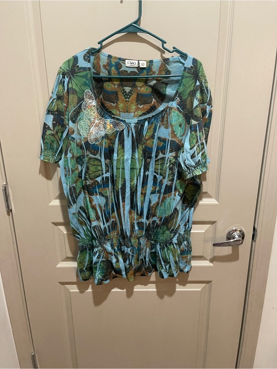 Cato Tops - Cato Green and Blue Butterfly Peasant Tunic